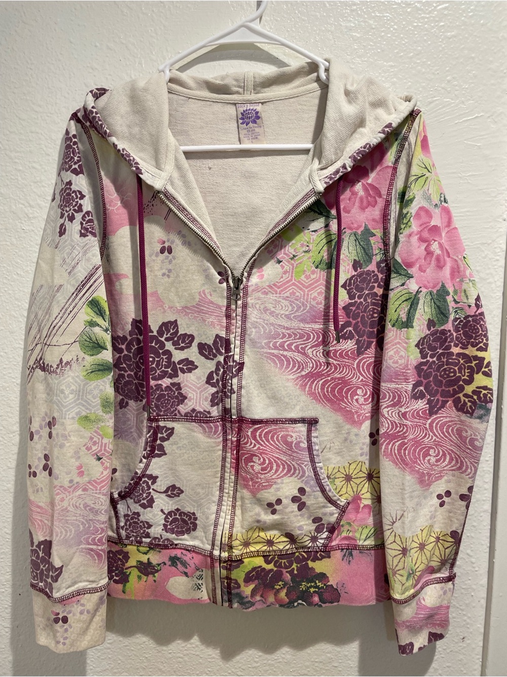 Rare Vtg Y2K Lucky Brand Floral Hoodie 🌷 Whimsygoth Fairy Zip Up L